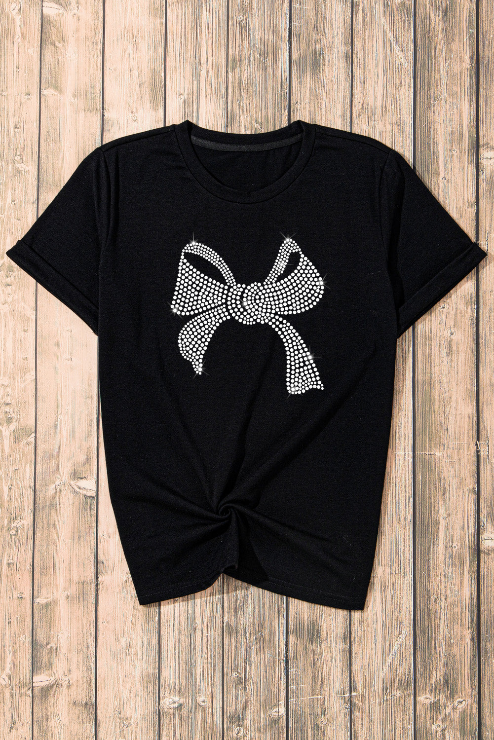 Black Rhinestone Bowknot Graphic Crewneck T Shirt Graphic Tees JT's Designer Fashion