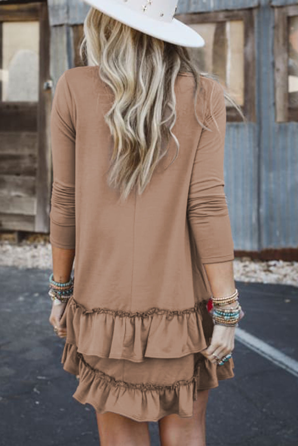 Goat Scoop Neck Tiered Ruffled Hem Long Sleeve Mini Dress Mini Dresses JT's Designer Fashion