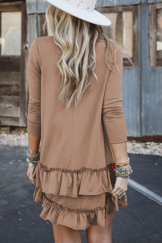 Goat Scoop Neck Tiered Ruffled Hem Long Sleeve Mini Dress Mini Dresses JT's Designer Fashion