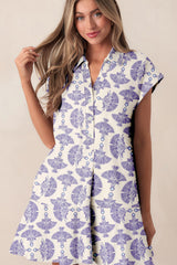 Sky Blue Printed Shirt Collar Half Button A-line Mini Dress Dresses JT's Designer Fashion