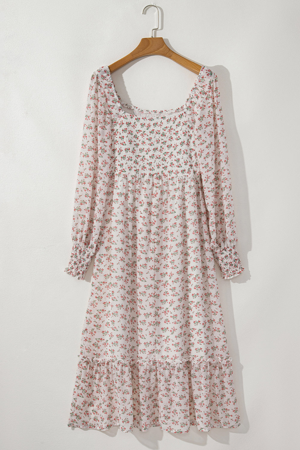 White Floral Print Shirred Ruffled Hem Square Neck Midi Dress Floral Dresses JT's Designer Fashion