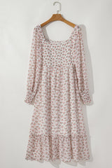White Floral Print Shirred Ruffled Hem Square Neck Midi Dress Floral Dresses JT's Designer Fashion
