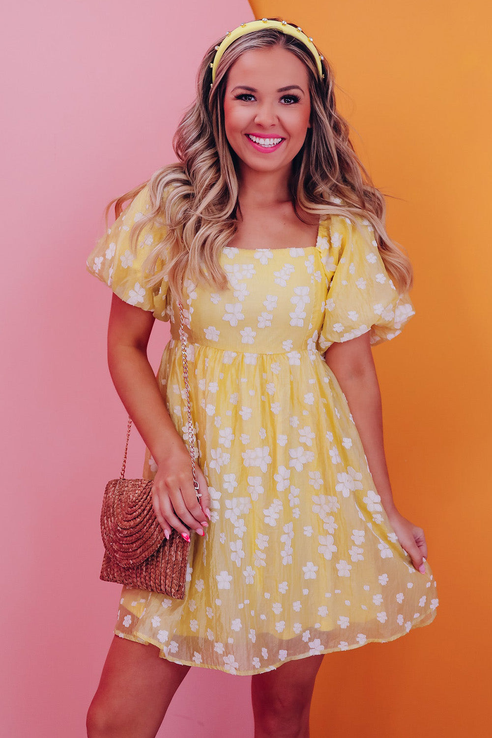 Yellow Boho Flower Jacquard Puff Sleeve Square Neck Mini Dress Floral Dresses JT's Designer Fashion