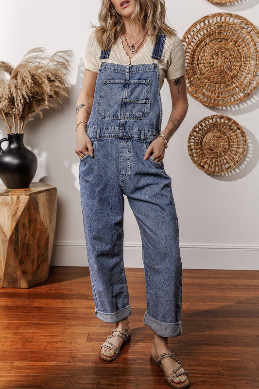 Sail Blue Denim Bib Straight Leg Jumpsuit with Pockets Sail Blue 85%Cotton+15%Polyester Jumpsuits & Rompers JT's Designer Fashion