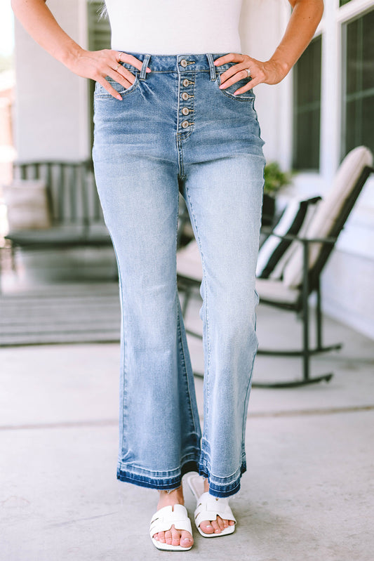 Sky Blue High Waist Buttoned Distressed Flared Jeans Sky Blue 71%Cotton+27.5%Polyester+1.5%Elastane Jeans JT's Designer Fashion