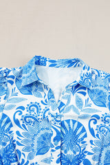 Sky Blue Retro Floral Print Drawstring Waist Ruffled Mini Dress Floral Dresses JT's Designer Fashion