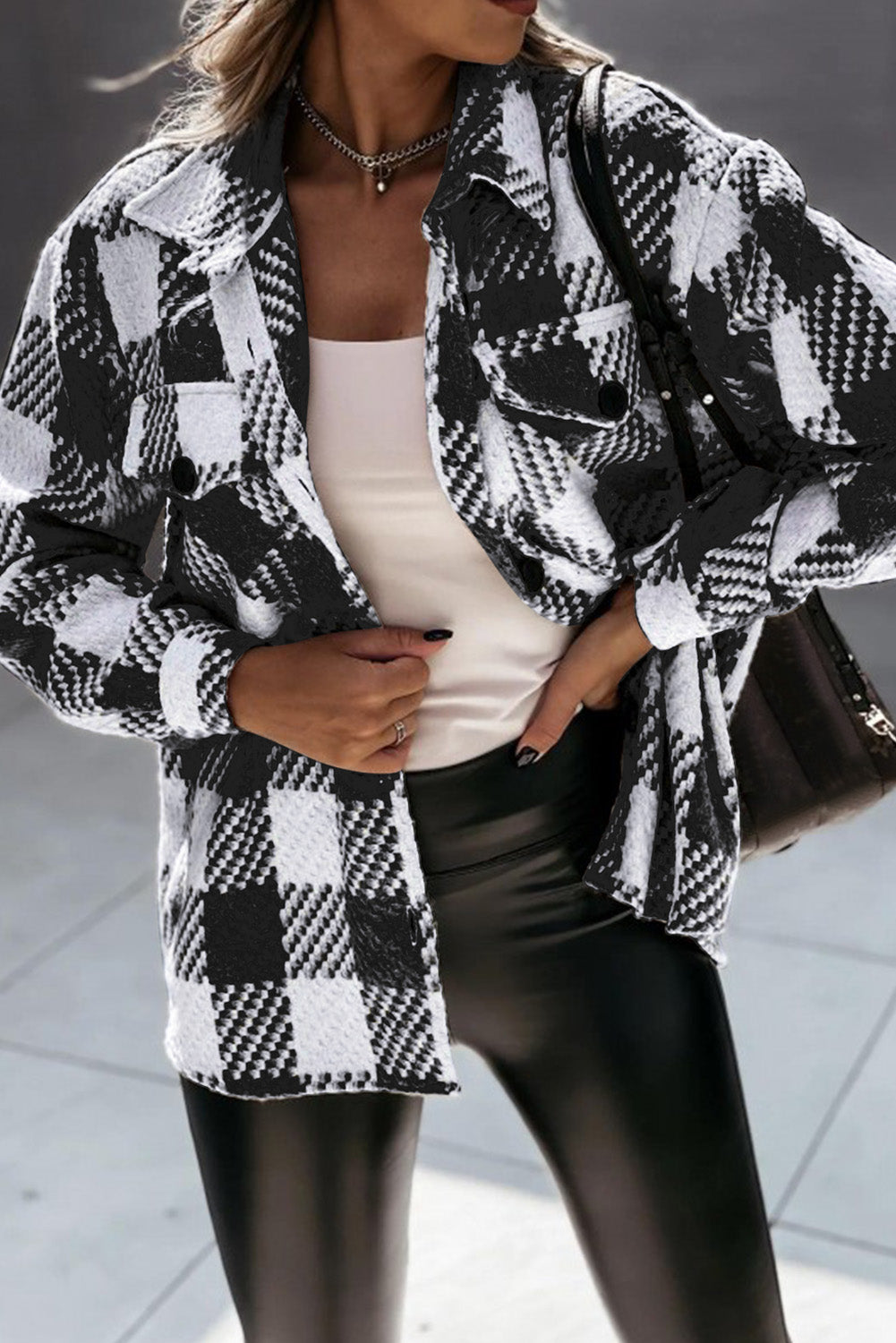 Black Plaid Textured Flap Pocket Shacket Black 100%Polyester Plaid Shackets JT's Designer Fashion