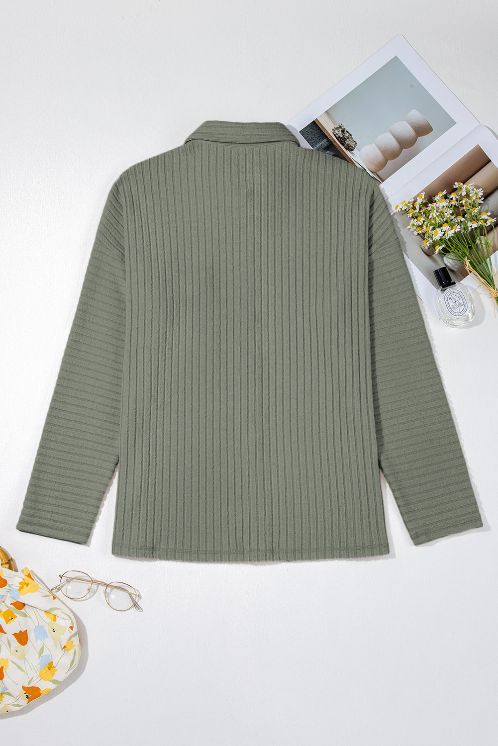 Mist Green Thermal Ribbed Texture Drop Shoulder Button Up Shacket Jackets JT's Designer Fashion
