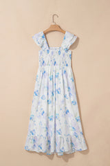 Sky Blue Floral Smocked High Waist Double Ruffle Sleeveless Long Dress Maxi Dresses JT's Designer Fashion