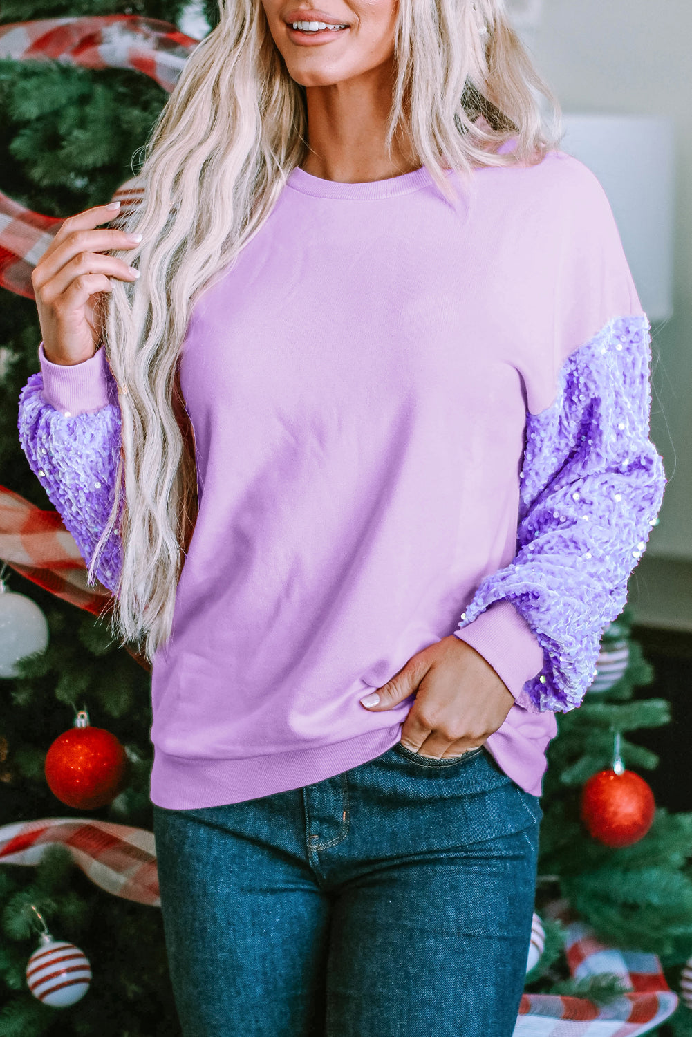 Orchid Petal Sequin Patchwork Long Sleeve Pullover Top Long Sleeve Tops JT's Designer Fashion