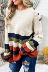 White Buttoned Shoulder Drop Shoulder Striped Sweater Sweaters & Cardigans JT's Designer Fashion