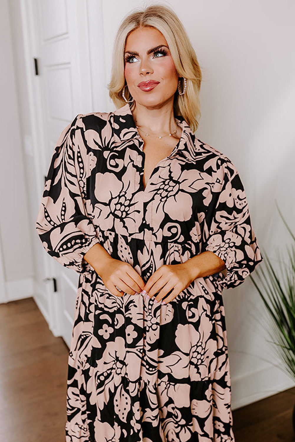 Black Plus Size Floral Printed Puff Sleeve Collared Maxi Dress Plus Size Maxi Dresses JT's Designer Fashion