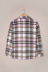 Pink Geometric Plaid Print Pocketed Shacket Plaid Shackets JT's Designer Fashion