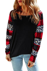 Black Off Shoulder Plaid&Leopard Print Long Sleeve Top Long Sleeve Tops JT's Designer Fashion