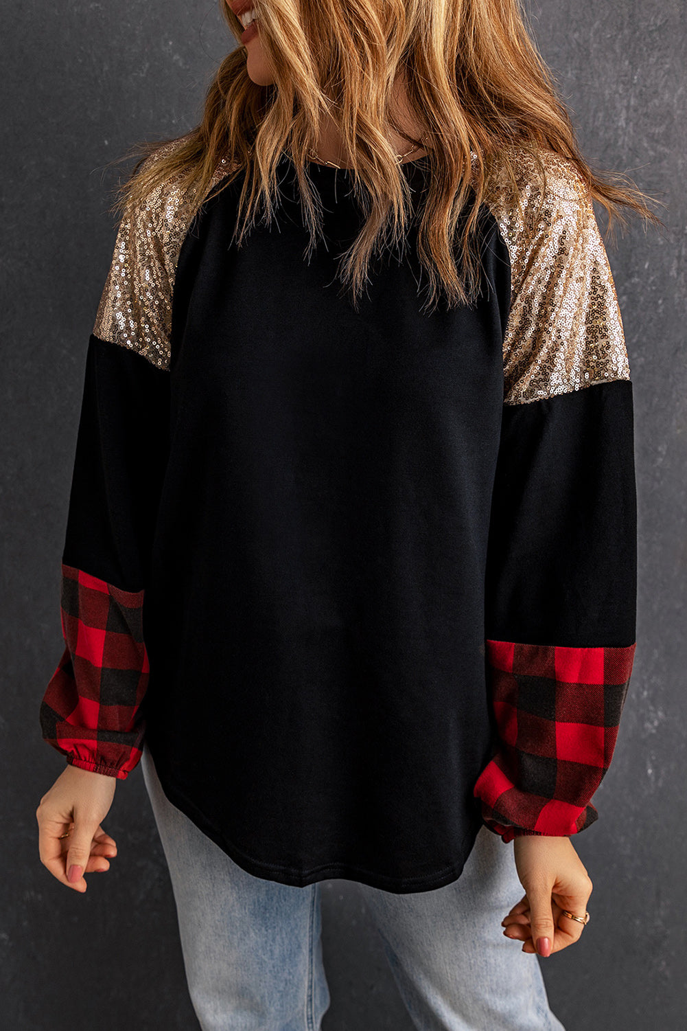 Black Crewneck Lantern Sleeve Plaid Sequin Splicing Blouse Long Sleeve Tops JT's Designer Fashion