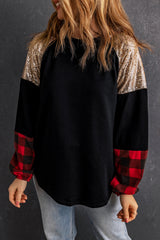 Black Crewneck Lantern Sleeve Plaid Sequin Splicing Blouse Long Sleeve Tops JT's Designer Fashion