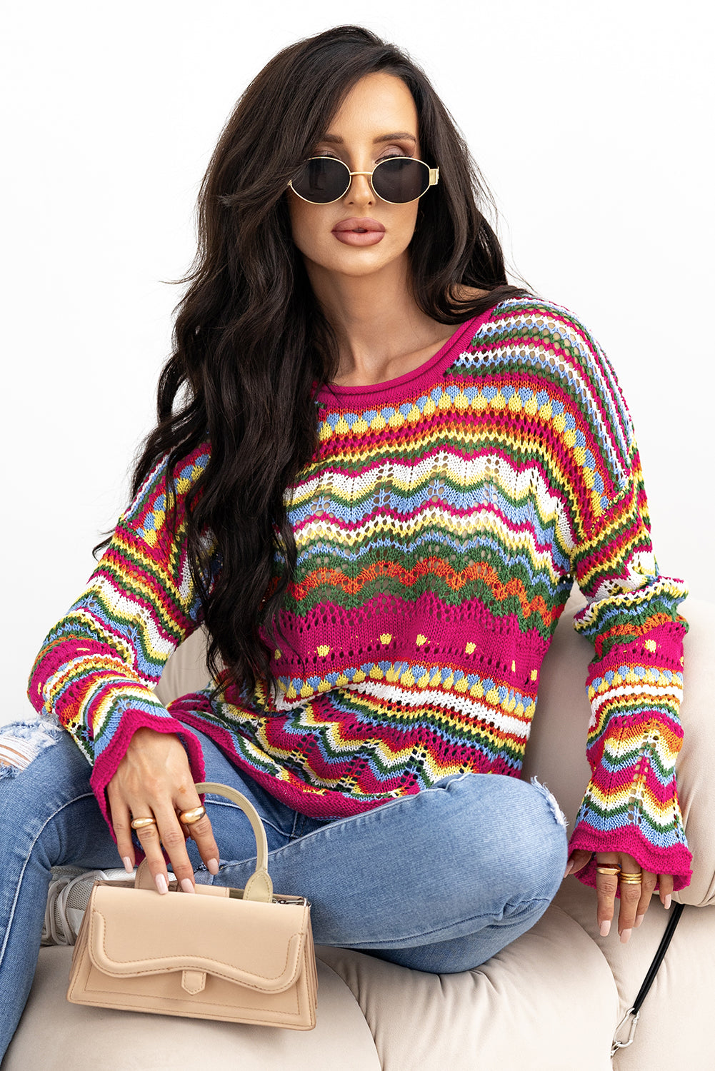 Rose Red Colorblock Striped Hollowed Knit Loose Sleeve Sweater Sweaters JT's Designer Fashion