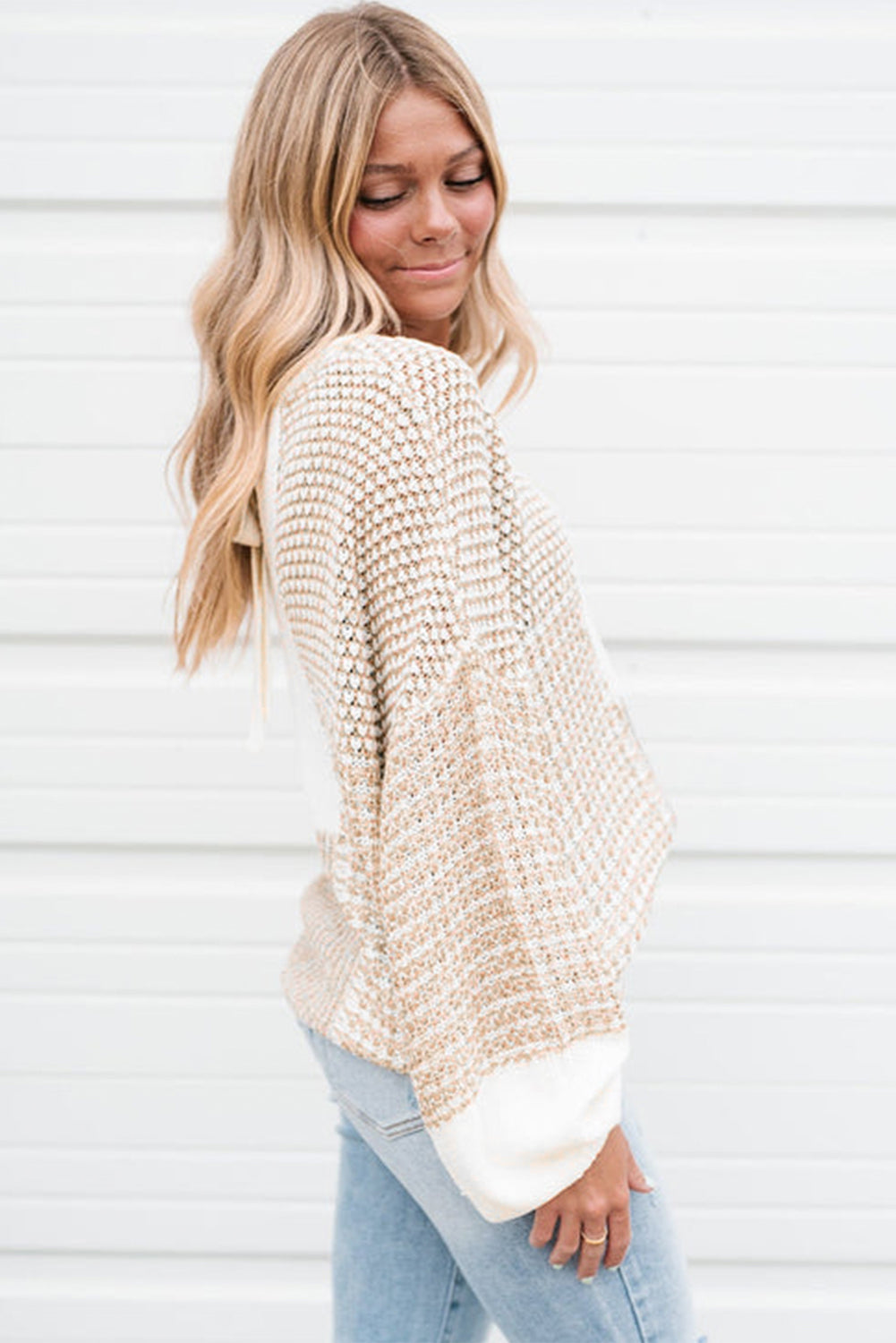 Oatmeal Mixed Pattern Knit Tie Keyhole Drop Shoulder Sweater Sweaters JT's Designer Fashion