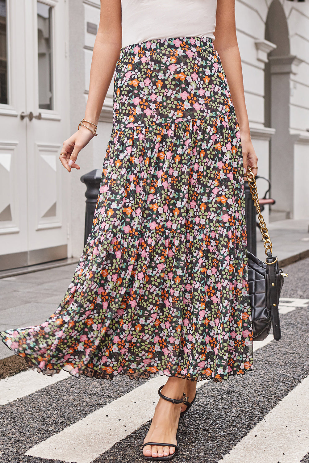 Brown Leopard Floral Reversible Ruffle Hem Maxi Skirt Skirts & Petticoat JT's Designer Fashion