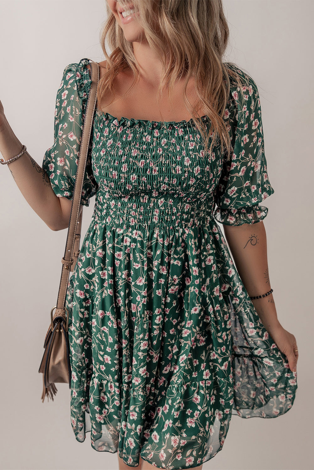 Green Smocked Square Neck Puff Short Sleeve Floral Dress Floral Dresses JT's Designer Fashion