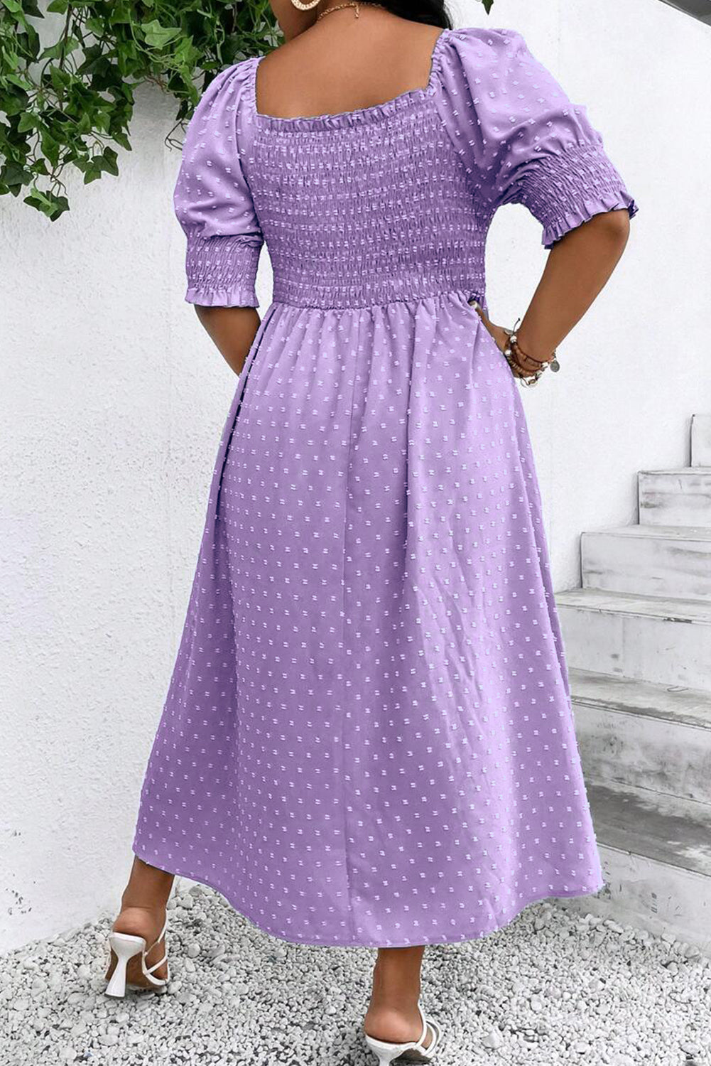 Wisteria Swiss Dot Smocked Frilled Neckline Short Sleeve Plus Size Dress Plus Size Maxi Dresses JT's Designer Fashion