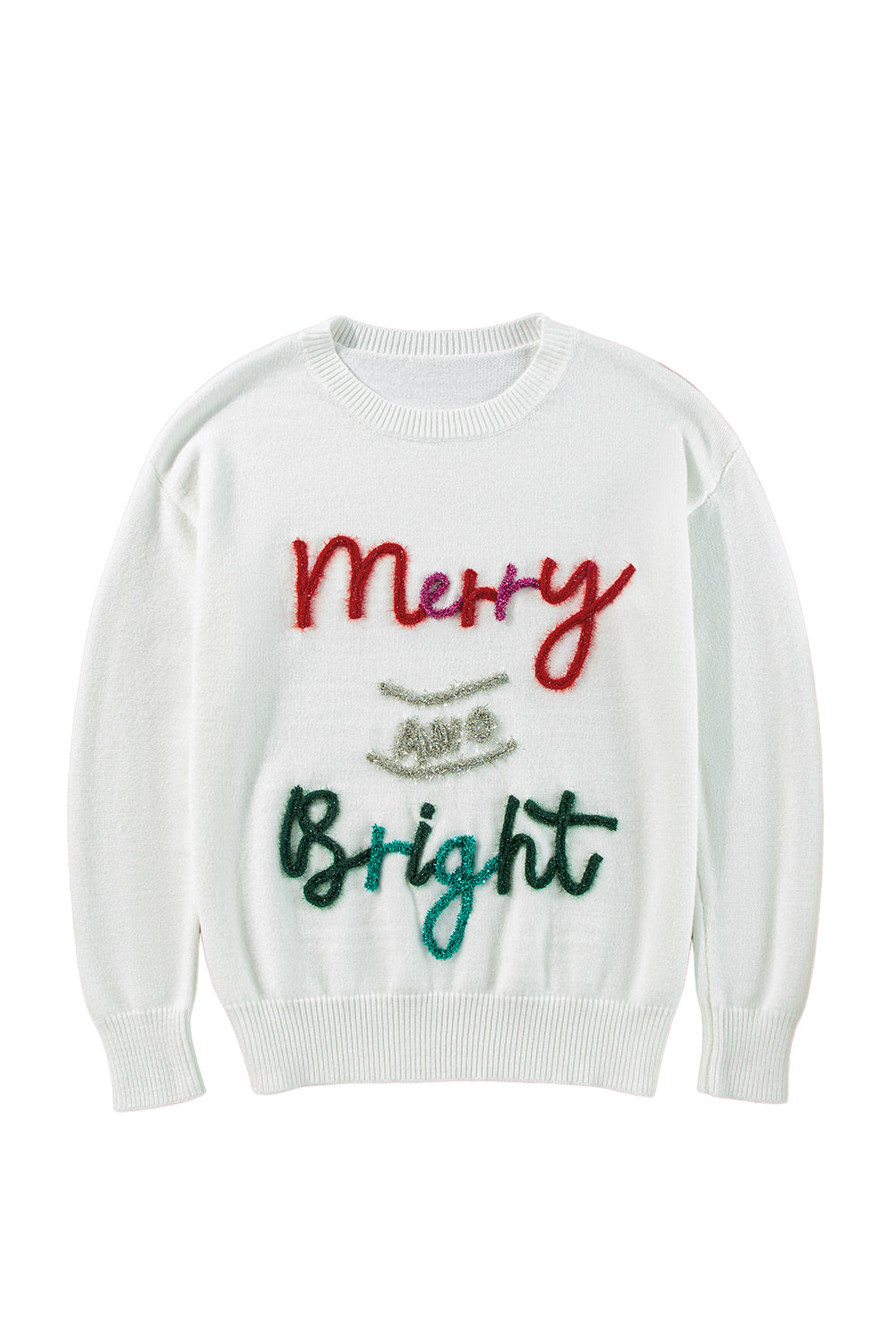 White Tinsel Merry and Bright Graphic Christmas Sweater Sweaters JT's Designer Fashion