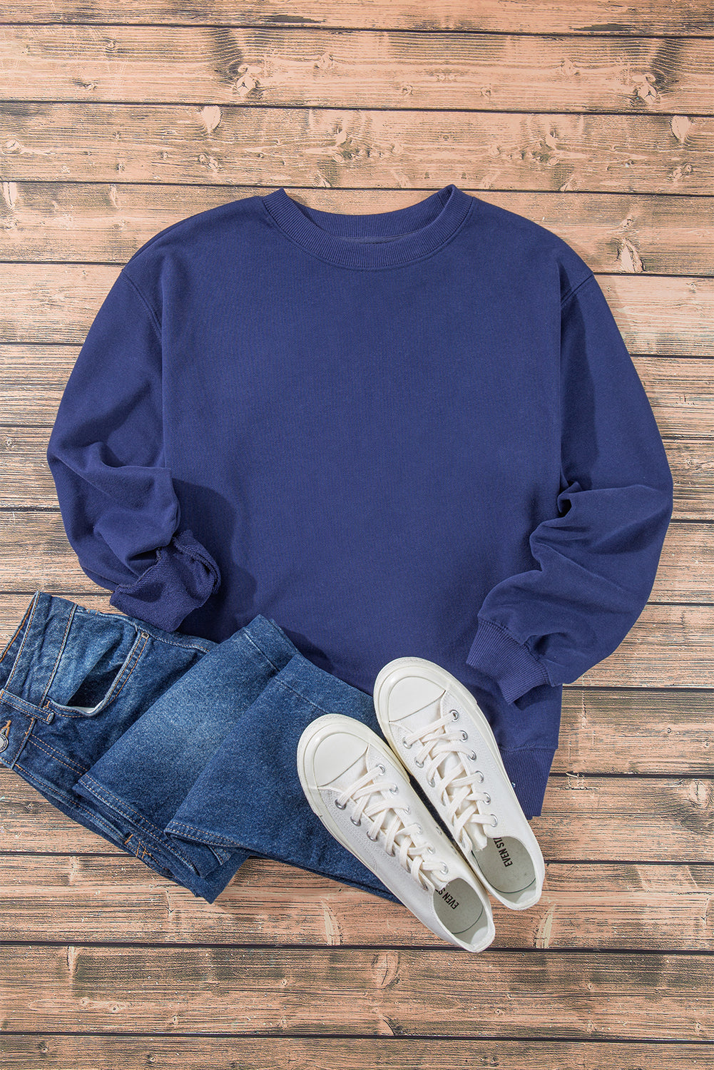 Navy Blue Plain Drop Shoulder Crewneck Pullover Sweatshirt Sweatshirts & Hoodies JT's Designer Fashion