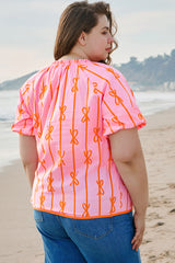 Rose Bowknot Print Shirred V Neck Puff Sleeve Plus Size Blouse Plus Size Blouses & Shirts JT's Designer Fashion