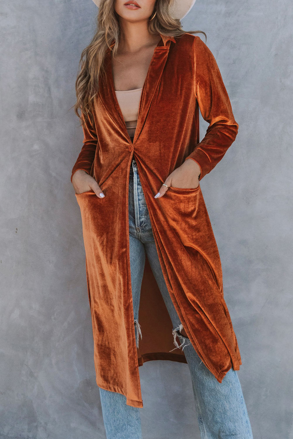 Brown Retro Velvet Long Sleeve Pocket Coat Coats JT's Designer Fashion