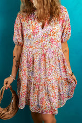 Red Floral Puff Sleeve Notched V Neck Tiered Mini Dress Floral Dresses JT's Designer Fashion