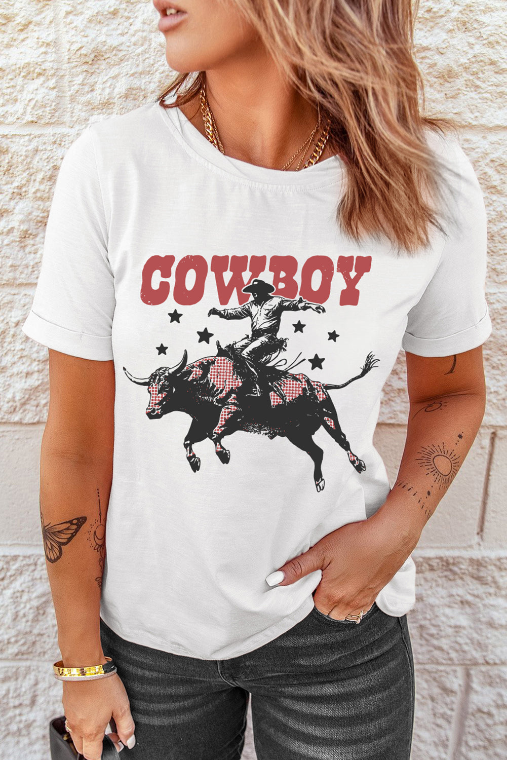 White COWBOY Star Graphic Crewneck Western Fashion Tee Graphic Tees JT's Designer Fashion