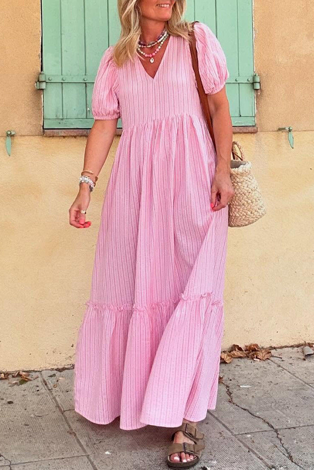 Pink Stripe V Neck Puff Short Sleeve Long Dress Pink Stripe 65%Polyester+35%Cotton Maxi Dresses JT's Designer Fashion