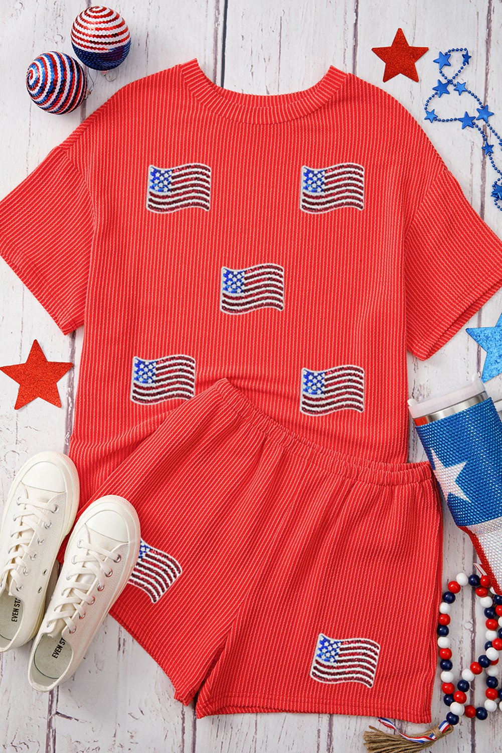 Orange Sequined American Flag Twisted Rib Texture 2pcs Short Set Graphic Sets JT's Designer Fashion