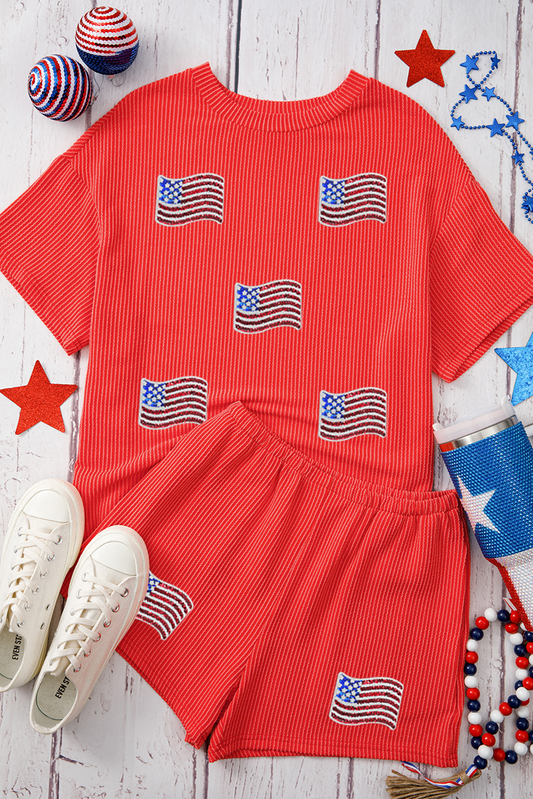 Orange Sequined American Flag Twisted Rib Texture 2pcs Short Set Graphic Sets JT's Designer Fashion