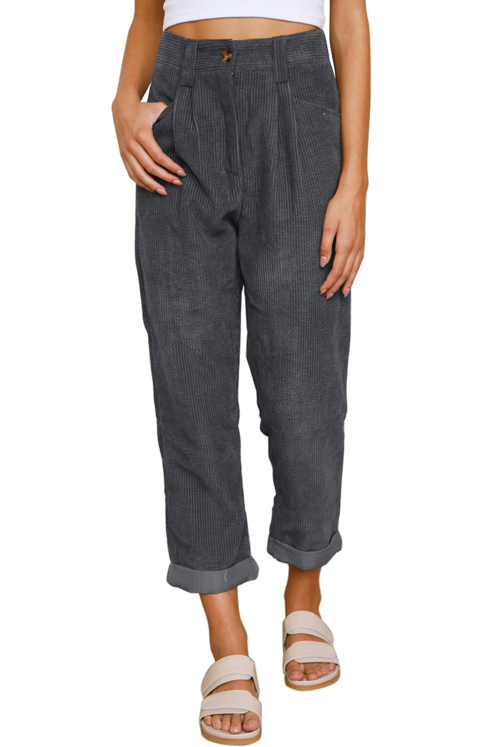 Gray Corduroy High Waist Straight Leg Pants Pants & Culotte JT's Designer Fashion