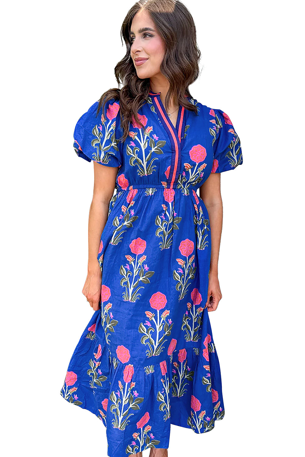 Sky Blue Floral Puff Short Sleeve V Neck High Waist Maxi Dress Floral Dresses JT's Designer Fashion