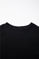 Black Waffle Knit Drop Shoulder Long Sleeve Top Long Sleeve Tops JT's Designer Fashion