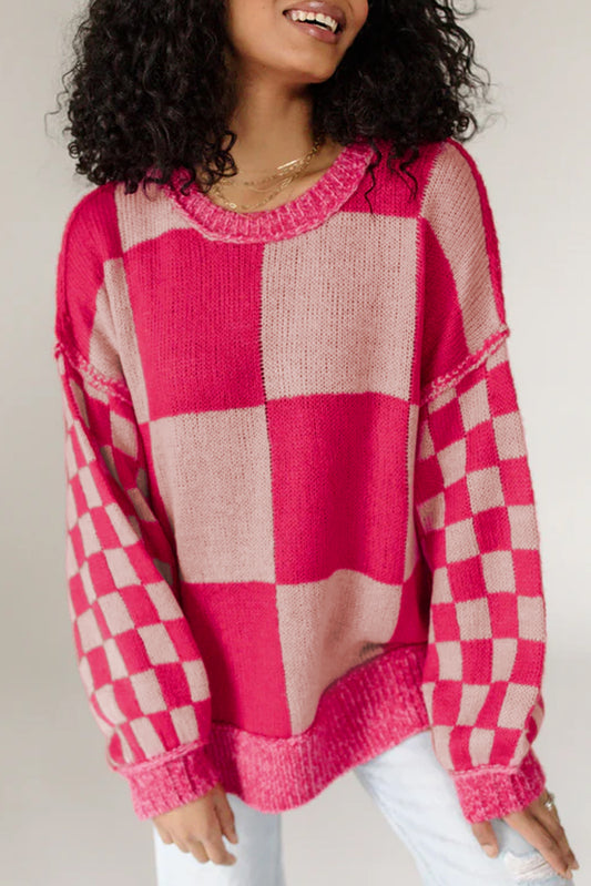 Rose Red Mixed Checkered Pattern Drop Shoulder Loose Sweater Rose Red 100%Acrylic Sweaters JT's Designer Fashion