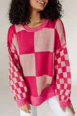 Rose Red Mixed Checkered Pattern Drop Shoulder Loose Sweater Rose Red 100%Acrylic Sweaters JT's Designer Fashion