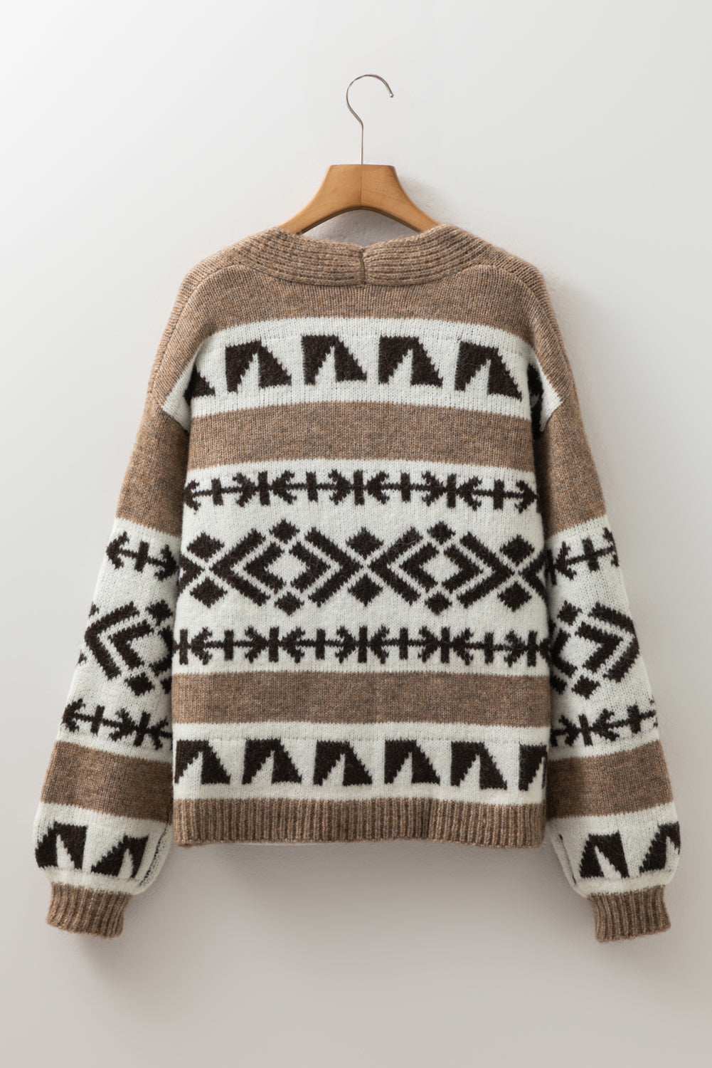 Dark Khaki Ethnic Geometric Pattern Button Front V Neck Sweater Cardigan Cardigans JT's Designer Fashion