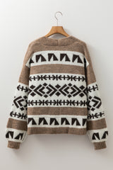 Dark Khaki Ethnic Geometric Pattern Button Front V Neck Sweater Cardigan Cardigans JT's Designer Fashion