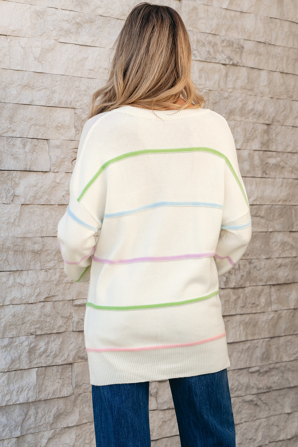 White Rainbow Stripes Drop Shoulder Baggy Henley Sweater Sweaters JT's Designer Fashion