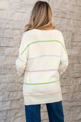 White Rainbow Stripes Drop Shoulder Baggy Henley Sweater Sweaters JT's Designer Fashion