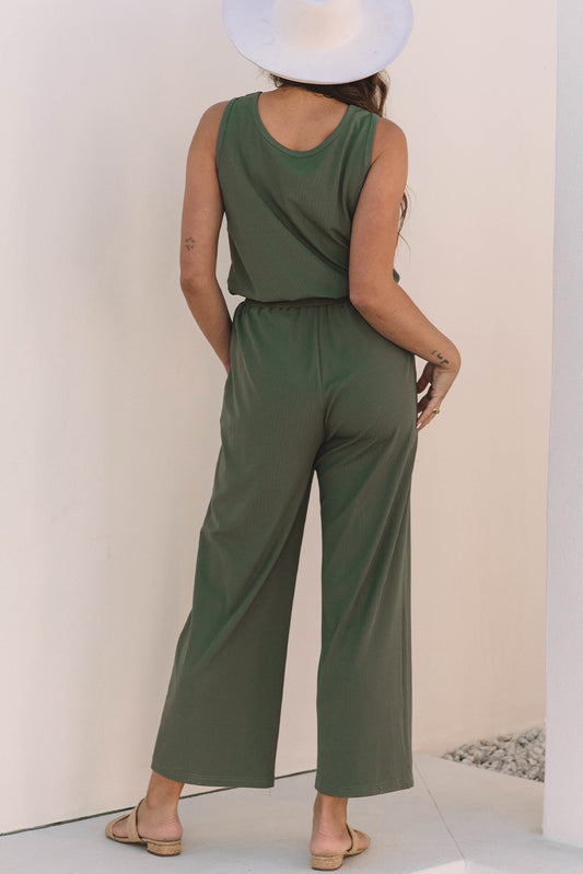 Vineyard Green Buttoned Drawstring Waist Sleeveless Wide Leg Jumpsuit Jumpsuits & Rompers JT's Designer Fashion