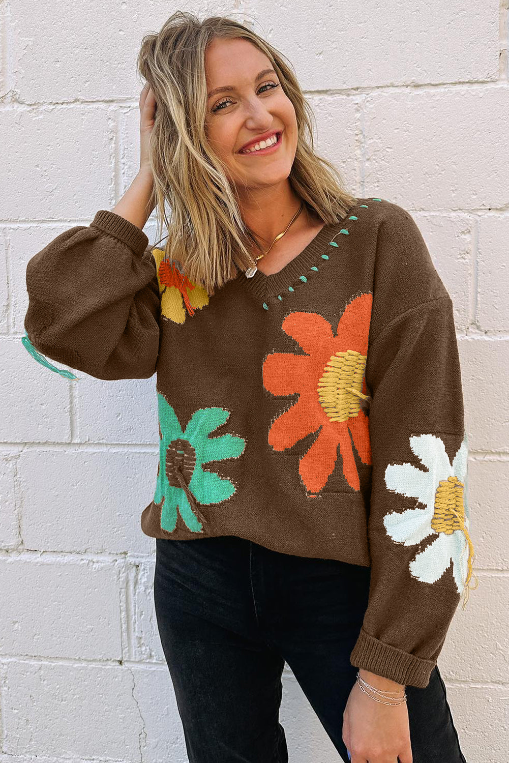 Coffee Big Flower Pattern V Neck Drop Shoulder Sweater Sweaters JT's Designer Fashion