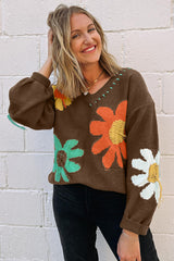 Coffee Big Flower Pattern V Neck Drop Shoulder Sweater Sweaters JT's Designer Fashion