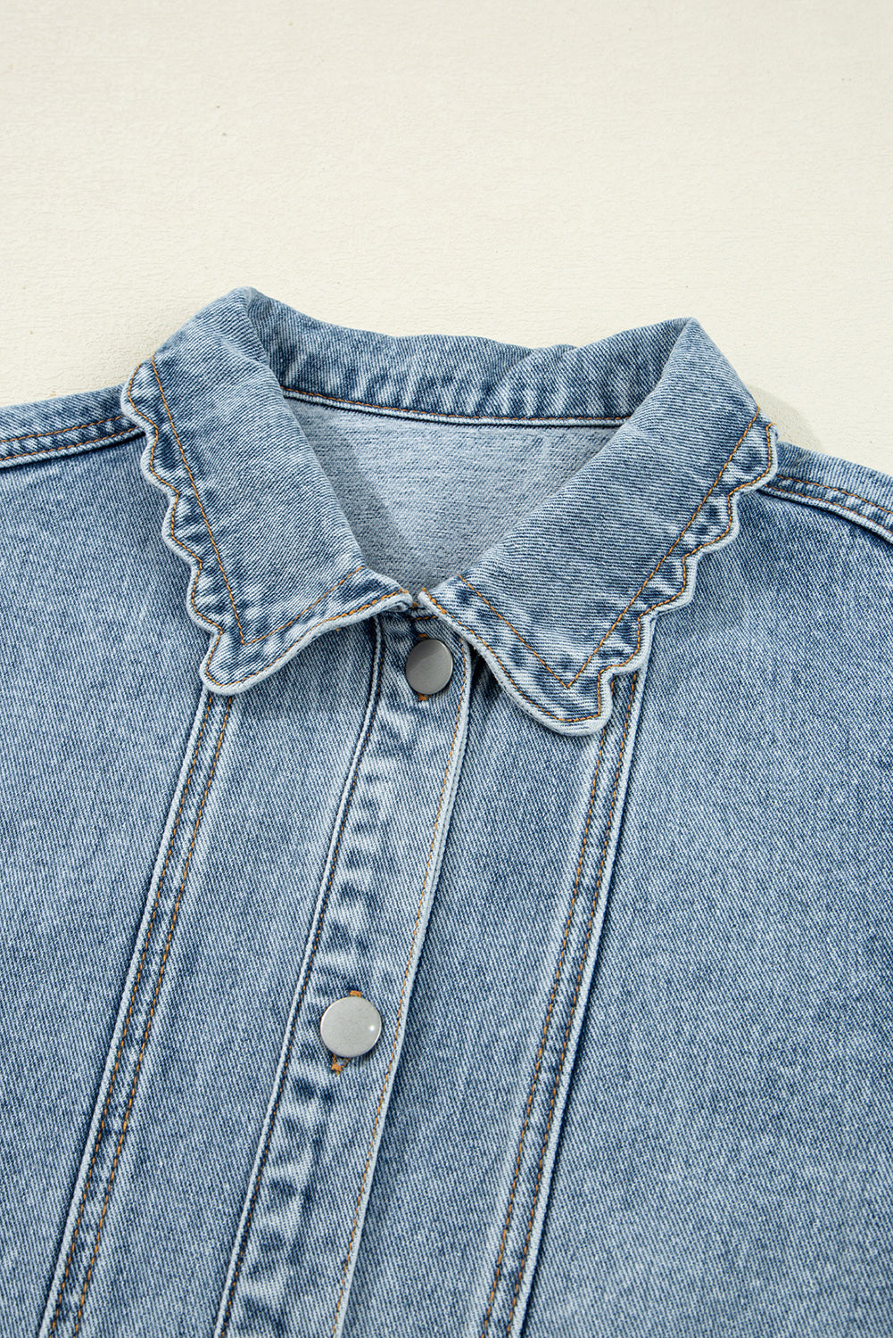 Myosotis Scallop Trim Collar Patched Pocket Button Up Denim Jacket Denim Jackets JT's Designer Fashion