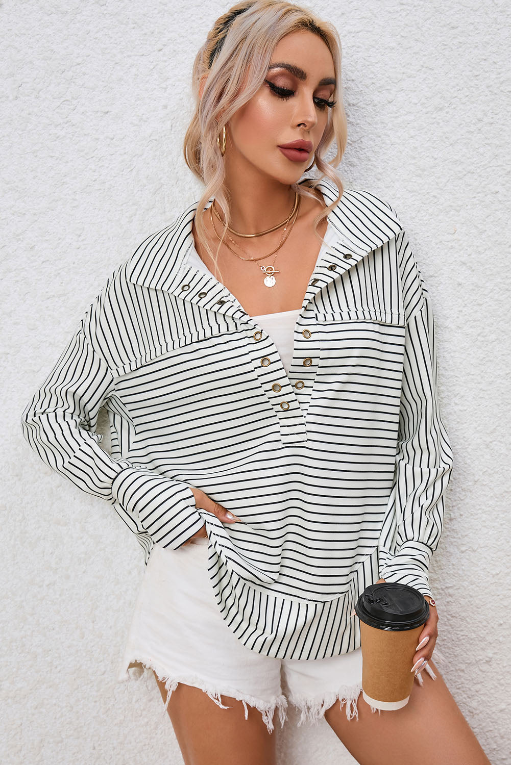 White Striped Thumbhole Drop Shoulder V Neck Top Long Sleeve Tops JT's Designer Fashion