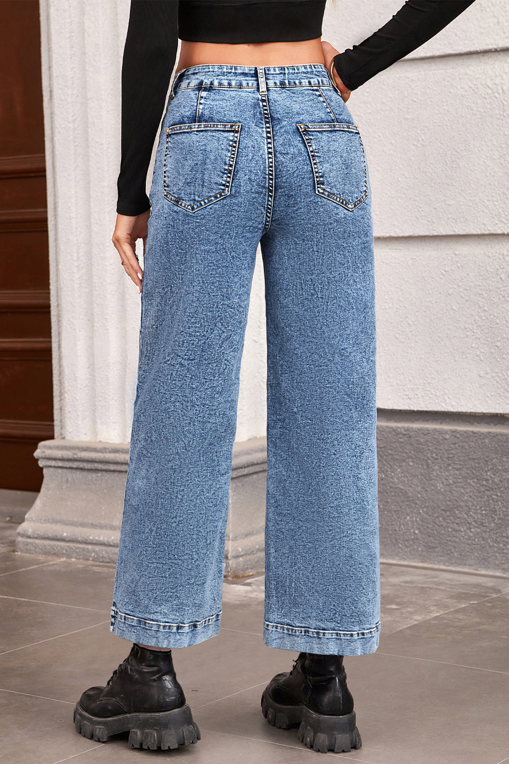 Blue Chic Patch Pocket Straight Leg Loose Jeans Jeans JT's Designer Fashion