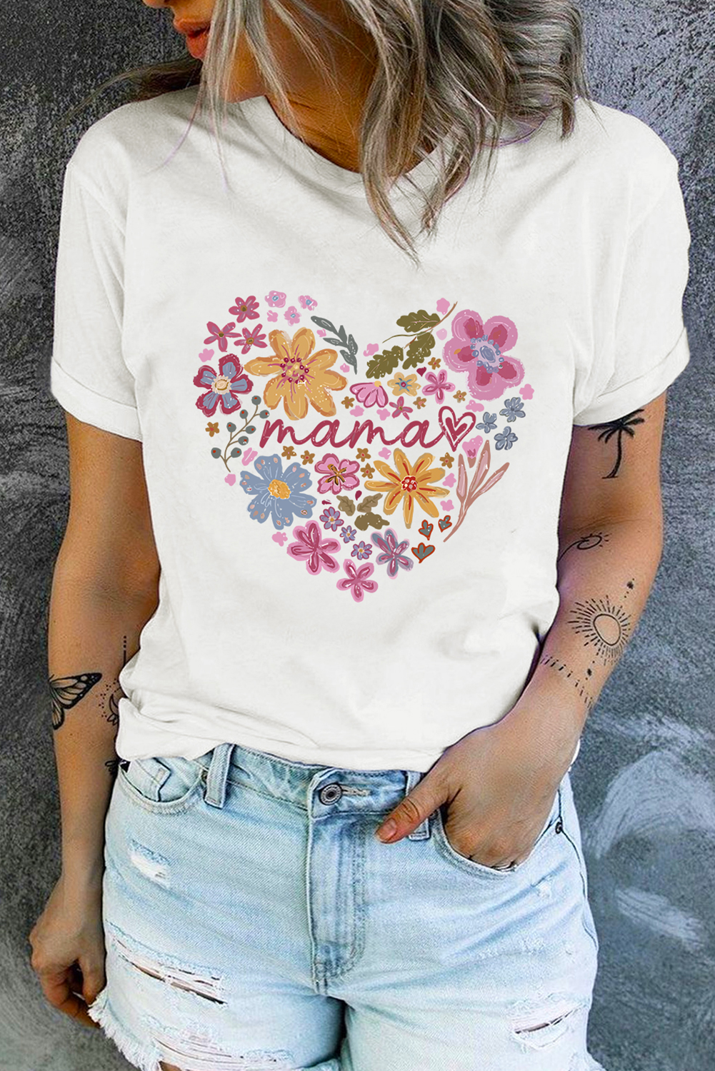 White MAMA Flower Heart Cotton Blend Graphic Tee Graphic Tees JT's Designer Fashion
